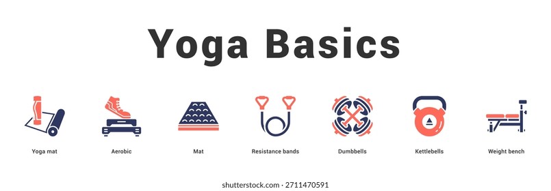 Yoga Basics Moderne und saubere Web-Banner-Illustration mit thematischen Symbolen für visuelle Kommunikation