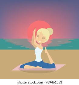 Yoga at the beach. Woman relaxing and doing exercises.