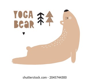 Yoga Bear. Cute Vector Illustration with Funny Big Brown Bear Doing the Sun Salutation Yoga Position. Hand Drawn Grlizzly on a White Background. Nursery Art ideal for Card, Wall Art, Poster.