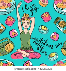 Yoga. Beautiful girl. Seamless vector pattern (background).
