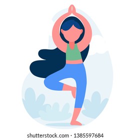 Yoga for beginners. Girl does yoga exercises in nature. Healthy lifestyle. Yoga Pose flat vector isolated on white background.Balance, harmony, relax and meditation. 