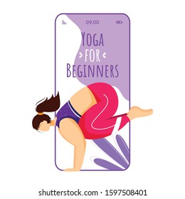 Yoga for beginners smartphone interface vector template. Crane pose. Bakasana. Mobile app page violet design layout. Caucausian woman doing yoga on screen. Flat UI for application. Phone display