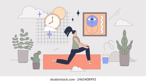 Yoga for beginners and stretching activities tiny person neubrutalism concept. Balance and strength exercises with correct posture practices vector illustration. Body wellness and mental vitality.