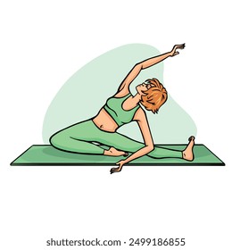 Yoga, bending to the leg of a young girl, color illustration vector