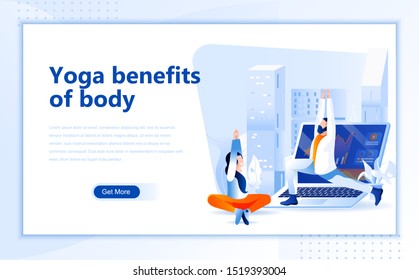 Yoga benefits of body flat web page design template of homepage or header images decorated people for website and mobile website development. Flat landing page template. Vector illustration.