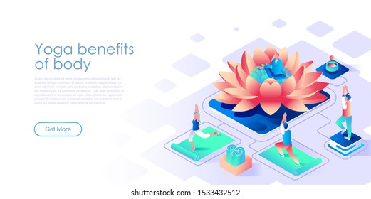 Yoga benefits for body isometric landing page vector template. Healthy lifestyle, fitness training website homepage interface illustration layout. Pilates web banner isometry concept