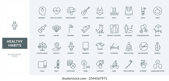 Yoga and bike, park walk with pet, sleeping and diet thin black outline symbols vector illustration. Healthy lifestyle and good habits for body health, work-life balance line icons set.