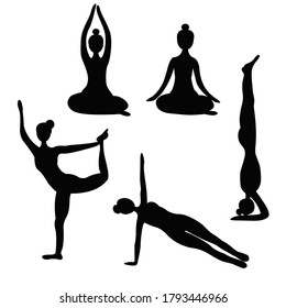 Yoga black and white set. Vector illustration. Asanas