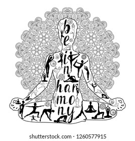 Yoga Black and white Silhouette, relaxation and meditation. Silhouette, vector illustration