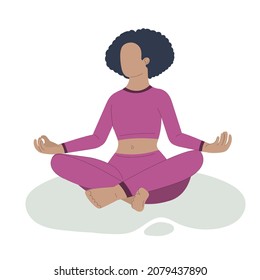 Yoga. Black woman in lotus asana position. Healthy lifestyle. Breathing and meditation, calmness. Stock flat cartoon illustration on white background.