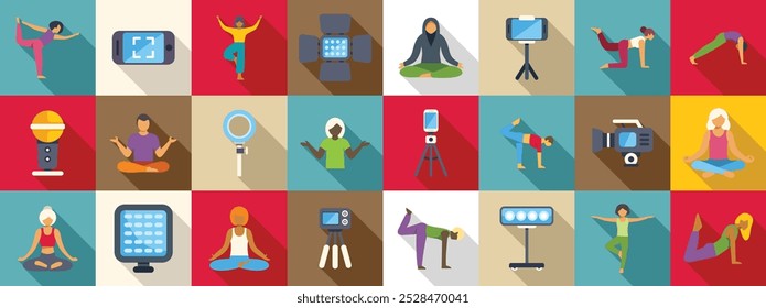 Yoga blogger icons set. Yoga bloggers are recording online training program using camera, light, microphone, tripod