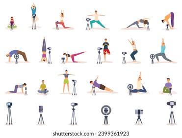 Yoga blogger icons set cartoon vector. Fitness trainer online. Training social stream