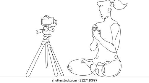 Yoga blogger leads a workout.One continuous line.Blogger female character. Internet blogging, online broadcasting.Continuous line drawing.Line Art isolated white background.