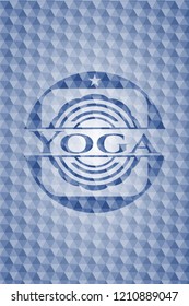 Yoga blue badge with geometric pattern.