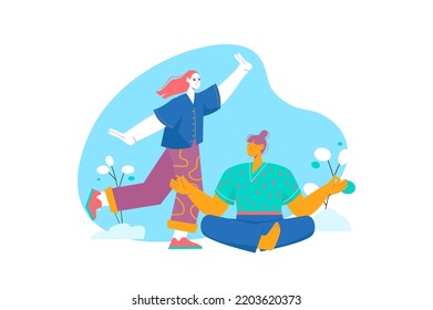 Yoga blue concept with people scene in the flat cartoon style. Two girls do yoga exercises on the street among flowers. Vector illustration.