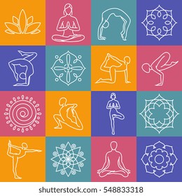 Yoga, body poses vector symbols for pilates studio, meditation class.