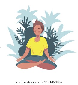 yoga. Boy sits in a lotus position and meditates. yoga fitness, relaxing sport for body and mind health. tropical background. vector illustration