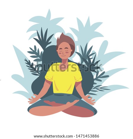 yoga. Boy sits in a lotus position and meditates. yoga fitness, relaxing sport for body and mind health. tropical background. vector illustration
