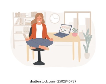 Yoga break isolated cartoon vector illustrations. Sporty girl doing yoga during work break using video tutorials, recreation area in a smart office, modern workplace vector cartoon.