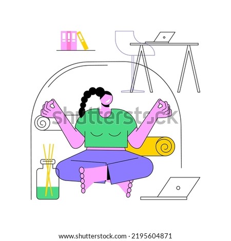 Yoga break isolated cartoon vector illustrations. Sporty girl doing yoga during work break using video tutorials, recreation area in a smart office, modern workplace vector cartoon.