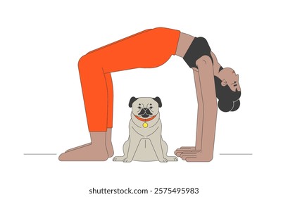 Yoga bridge pose with pug dog companion cartoon flat illustration. Stretching exercise. Black woman in sports bra and workout leggings 2D character isolated on white background. Vector colorful image