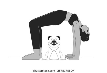 Yoga bridge pose with pug dog companion linear illustration. Stretching exercise. Black woman in sports bra and workout leggings 2D line character isolated on white. Monochrome vector outline image