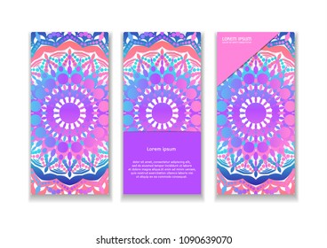 Yoga bright background. Template with mandala in acid color for studios of spiritual development, meditation and wellness centers.