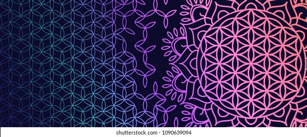 Yoga bright background. Template with a symbol of sacred geometry in acid color on a dark substrate for sites of spiritual development. Flower of Life.