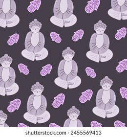 yoga and buddha pattern, hamsa on purple background 