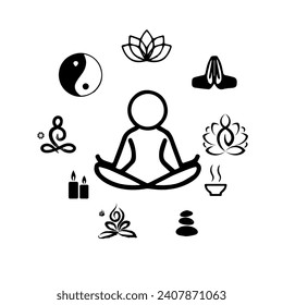 íconos de yoga, budismo y autodesarrollo, logotipo vectorial en blanco y negro