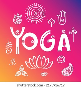 Yoga with buddhism signs poster concept. Yoga letters concept. Vector elements isolated on white for yoga studio poster, flyer, wallpapers.