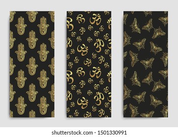 Yoga business card design in gold an black. Template for spiritual retreat or yoga studio. Ornamental business cards, oriental pattern. Vector illustration.
