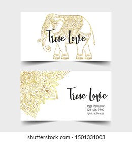 Yoga business card design in gold an black. Template for spiritual retreat or yoga studio. Ornamental business cards, oriental pattern. Vector illustration.
