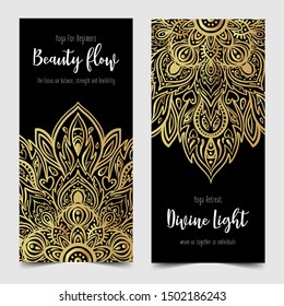 Yoga business card design in gold an black. Template for spiritual retreat or yoga studio. Ornamental business cards, oriental pattern. Vector illustration.
