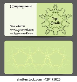Yoga business card with flower ornament. Vector template with front and back side. Yoga studio, spa center, healthcare