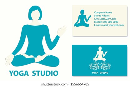 Yoga - business card with requisites, blue color - silhouette of a girl with a raised hand, sitting in asana pose - vector. Sport business. Yoga Salon.