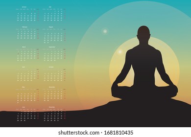 Yoga calendar 2021. Man silhouette in lotus- meditation pose on sunset background