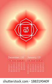 Yoga calendar. December 2020. January 2021. Muladhara icon. English calender template.  Planning grid. Creative design. The first root chakra. Vector red gloss and shine. Sacral sign. Meditation