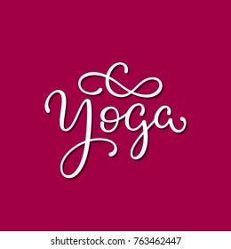 Yoga calligraphic type. Cute flourished lettering yoga sign. Hand drawn exercise / fit / gym typographic image. Hot pink vector illustration. Ornate yoga studio logo design. Vintage style type