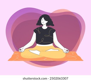 Yoga and calm meditation of woman. Girl bathing in energy, doing zen exercises for body health flat vector illustration. Harmony with nature, balance, fitness concept