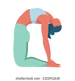 Yoga camel pose. Exercise for body health. Woman in yoga position. Flexibility training. Isolated vector illustration in cartoon style