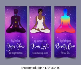 Yoga card design. African American woman in lotus pose. Colorful design template for spiritual retreat or yoga studio. Ornamental business cards, oriental pattern. Vector illustration.