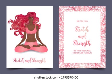 Yoga card design. African American woman in lotus pose. Colorful design template for spiritual retreat or yoga studio. Ornamental business cards, oriental pattern. Vector illustration.