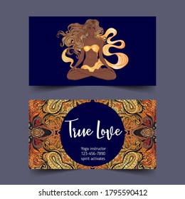 Yoga card design. African American woman in lotus pose. Colorful design template for spiritual retreat or yoga studio. Ornamental business cards, oriental pattern. Vector illustration.