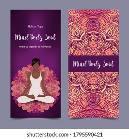 Yoga card design. African American woman in lotus pose. Colorful design template for spiritual retreat or yoga studio. Ornamental business cards, oriental pattern. Vector illustration.