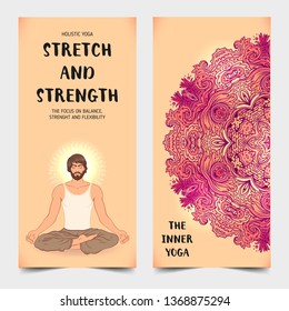 Yoga card design. Beautiful Caucasian Man sitting in Lotus position. Colorful template for spiritual retreat or yoga studio. Ornamental business cards, oriental pattern. Vector illustration.