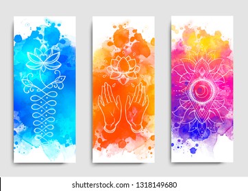 Yoga card design. Colorful template for spiritual retreat or yoga studio. Ornamental business cards, oriental pattern over watercolor painted background. Vector illustration.