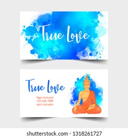 Yoga card design. Colorful template for spiritual retreat or yoga studio. Ornamental business cards, oriental pattern over watercolor painted background. Vector illustration.