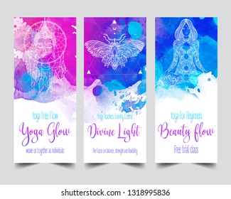 Yoga card design. Colorful template for spiritual retreat or yoga studio. Ornamental business cards, oriental pattern over watercolor painted background. Vector illustration.