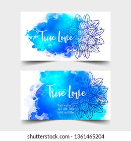 Yoga card design. Colorful template for spiritual retreat or yoga studio. Ornamental business cards, oriental pattern over watercolor painted background. Vector illustration.